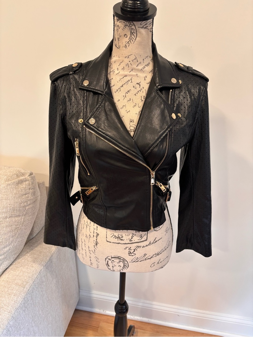 Generation Love perforated black faux leather moto jacket size XS